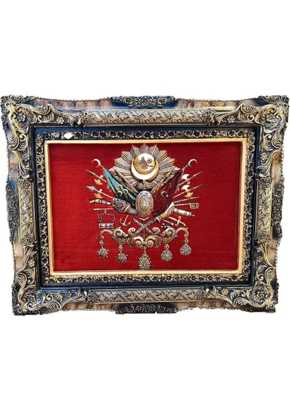 Osmanlı Devlet Arması Halı Kilim Tablo 95X75CM Kırmızı - Iran Tebriz Halı Tablo