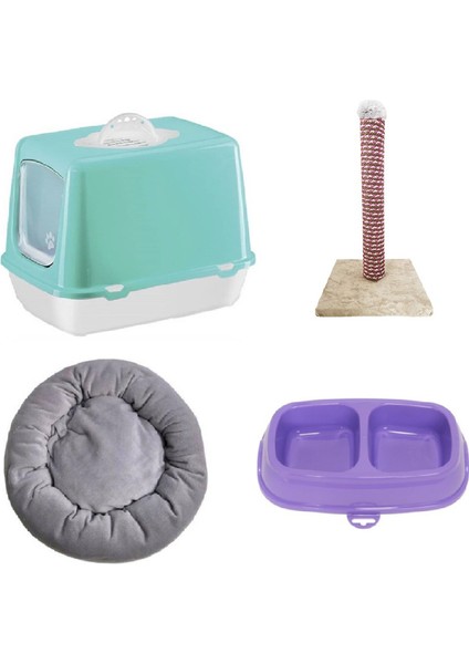 Kedi Başlangıç Seti Kedi Tuvaleti 37X50X40CM 40CM Tırmalama Yatak Ikili Mama Kabı