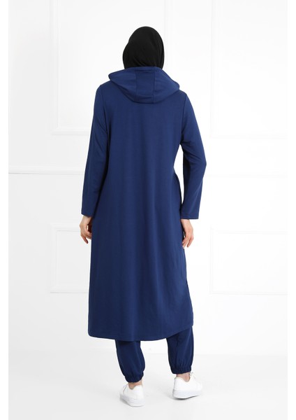 Kadın Iki Iplik Indigo Renk Kapüşonlu Cepli Çıt Çıt Kapamalı Tesettür Tunik Takım fırsatları