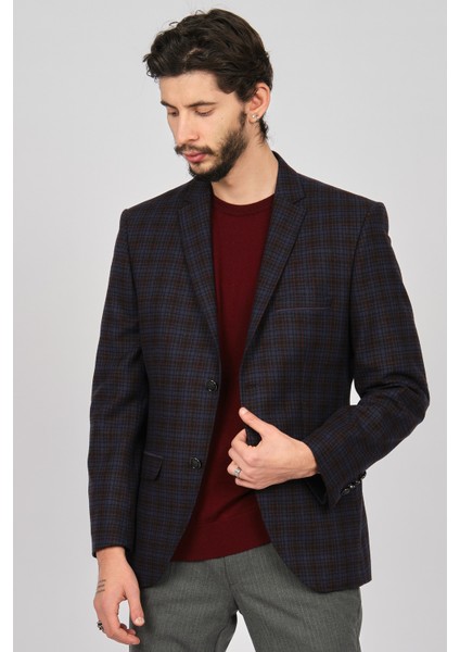 Erkek Ekoseli Spor Kesim Yün Ceket 2651001 Lacivert