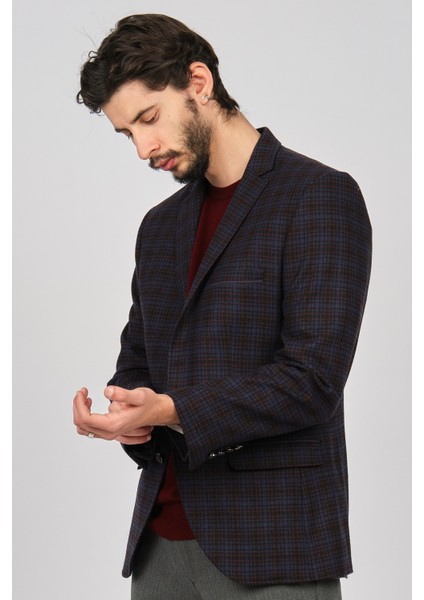 Erkek Ekoseli Spor Kesim Yün Ceket 2651001 Lacivert