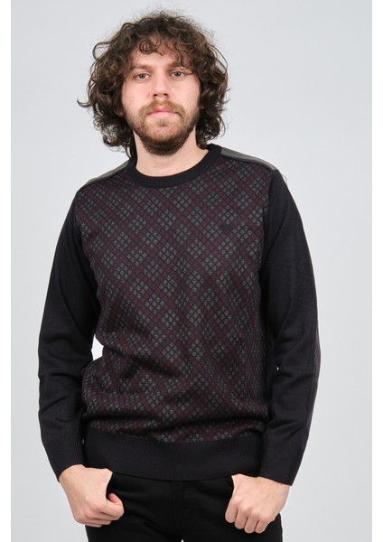 Erkek Desenli Bisiklet Yaka Kazak Füme