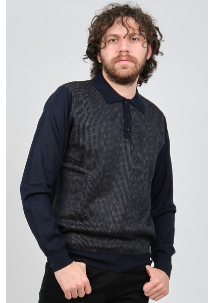 Erkek Desenli Polo Yaka Yün Kazak 1572001 Lacivert modelleri