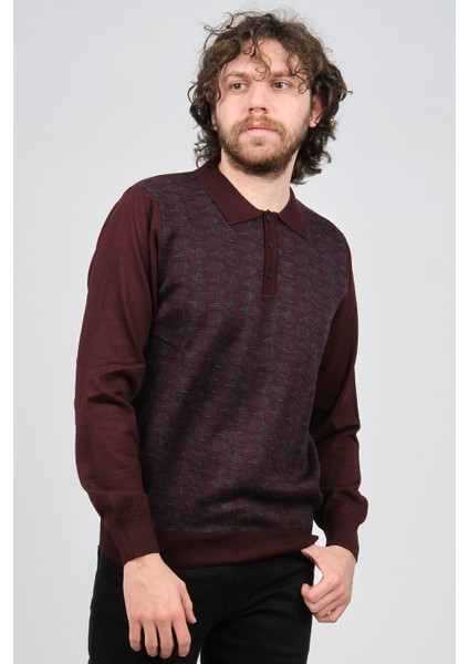 Erkek Desenli Polo Yaka Yün Kazak 1572001 Bordo modelleri