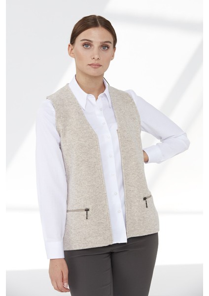 Kadın Çelik Örgü Cebi Fermuarlı Düz Triko Yelek 02421003 K.bej modelleri