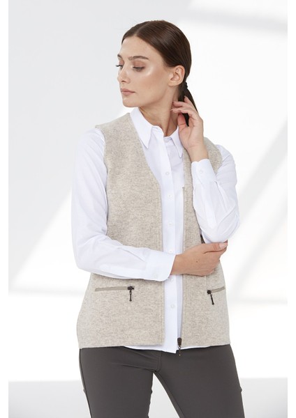 Kadın Çelik Örgü Cebi Fermuarlı Düz Triko Yelek 02421003 K.bej fiyatları