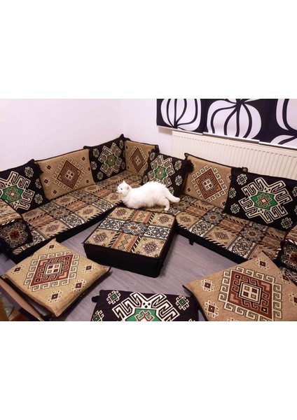 Şark Köşesi Otantik Desenli Minderi ikili Sedir, Orta Puf Takımı Konsept 15 Parça