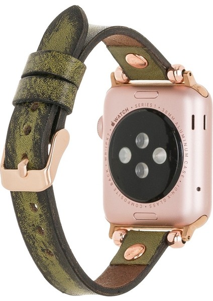 Apple Watch Uyumlu Deri Kordon 38-40-41MM Vintage Ferro Rt V25SEF Haki Yeşili