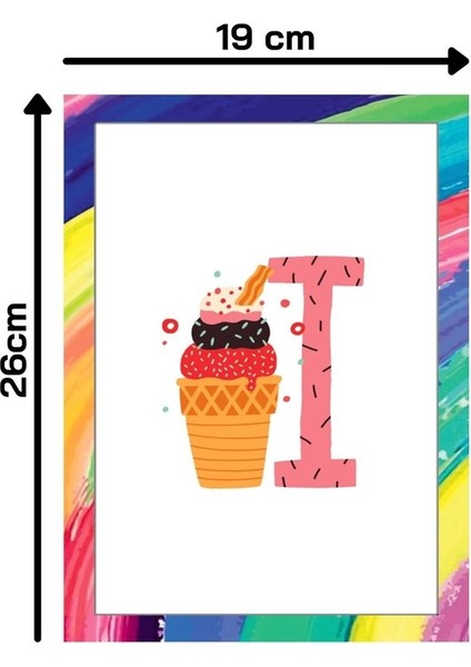 Renkli Neşeli I Harfi Çerçeve Görünümlü Duvar Dekoru Kız Erkek Çocuk Odası Için 26 x 19 cm Tablo