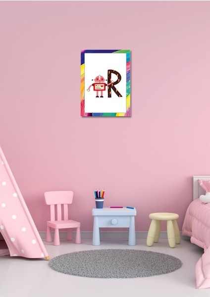 Renkli Neşeli R Harfi Çerçeve Görünümlü Duvar Dekoru Kız Erkek Çocuk Odası Için 26 x 19 cm Tablo