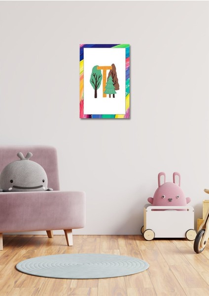 Renkli Neşeli T Harfi Çerçeve Görünümlü Duvar Dekoru Kız Erkek Çocuk Odası Için 26 x 19 cm Tablo