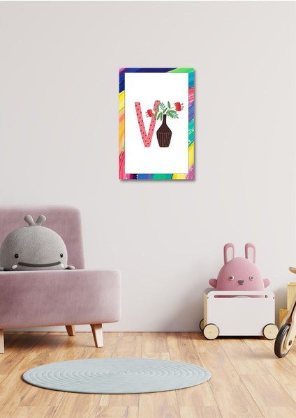 Renkli Neşeli V Harfi Çerçeve Görünümlü Duvar Dekoru Kız Erkek Çocuk Odası Için 26 x 19 cm Tablo