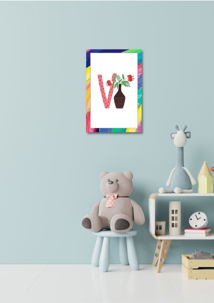 Renkli Neşeli V Harfi Çerçeve Görünümlü Duvar Dekoru Kız Erkek Çocuk Odası Için 26 x 19 cm Tablo