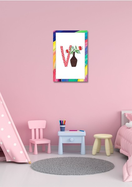 Renkli Neşeli V Harfi Çerçeve Görünümlü Duvar Dekoru Kız Erkek Çocuk Odası Için 26 x 19 cm Tablo