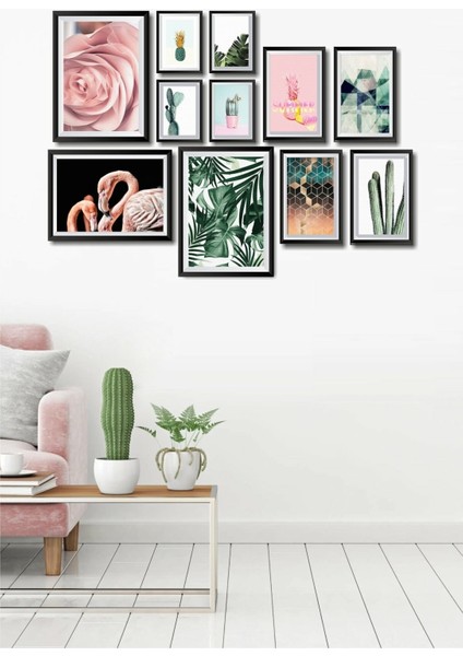 11 Parça Ahşap Tablo Seti Pembe Güller Yeşil Yapraklar Salon Oturma Odası Yatak Odası Için Mdf Duvar Dekoru 90 x 65 cm