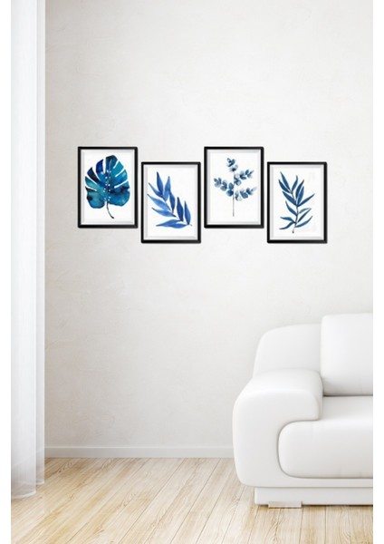 4'lü Ahşap Tablo Seti Mavi Yapraklar Salon Oturma Odası Yatak Odası Için Çerçeve Görünümlü Mdf Duvar Dekoru 60 x 20 cm