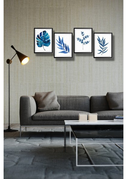 4'lü Ahşap Tablo Seti Mavi Yapraklar Salon Oturma Odası Yatak Odası Için Çerçeve Görünümlü Mdf Duvar Dekoru 60 x 20 cm