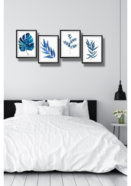 4'lü Ahşap Tablo Seti Mavi Yapraklar Salon Oturma Odası Yatak Odası Için Çerçeve Görünümlü Mdf Duvar Dekoru 60 x 20 cm