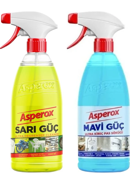 Mavi Güç Ultra Kireç ve Pas Sökücü x Asperox Sarı Güç Ultra Yağ Çözücü 1 Lt Sprey x 2