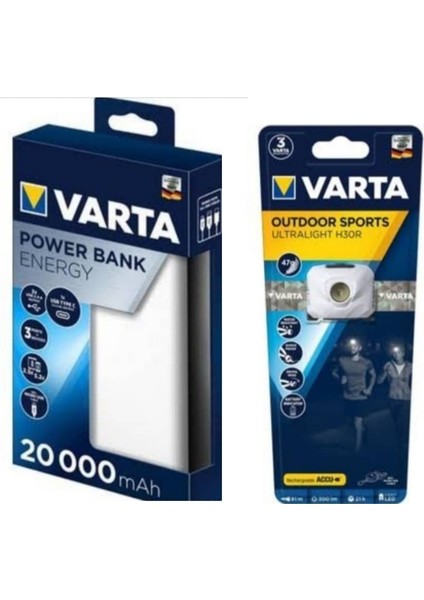 20000 Mah Powerbank + Varta Şarjlı Kafa Lambası