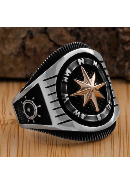 925 Ayar Gümüş Pusula Tasarım Dümen ve Çapa Detaylı Erkek Yüzük
