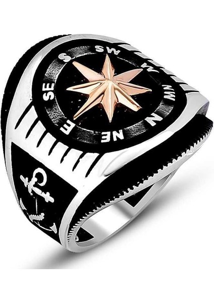 925 Ayar Gümüş Pusula Tasarım Dümen ve Çapa Detaylı Erkek Yüzük modelleri