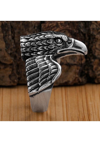 925 Ayar Gümüş Kara Kartal Motifli Taşsız Erkek Yüzük