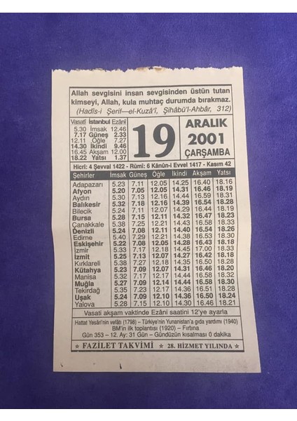 19 Aralık 2001 Takvim Yaprağı - Nostalji Koleksiyonluk Takvim Yaprağı