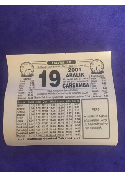 19 Aralık 2001 Takvim Yaprağı - Nostalji Koleksiyonluk Takvim Yaprağı B