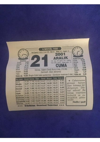 21 Aralık 2001 Takvim Yaprağı - Nostalji Koleksiyonluk Takvim Yaprağı B