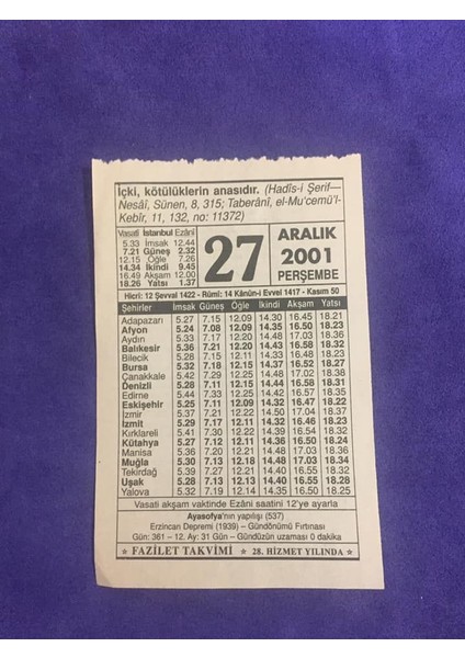 27 Aralık 2001 Takvim Yaprağı - Nostalji Koleksiyonluk Takvim Yaprağı