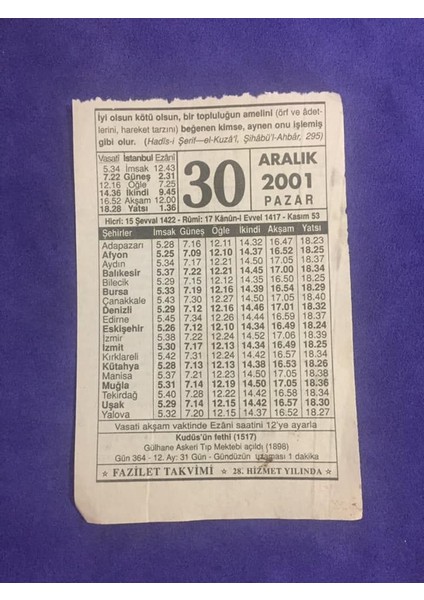 30 Aralık 2001 Takvim Yaprağı - Nostalji Koleksiyonluk Takvim Yaprağı