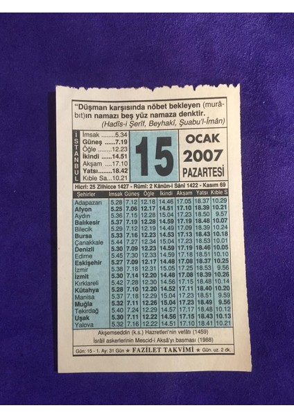 15 Ocak 2007 Takvim Yaprağı - Nostalji Koleksiyonluk Takvim Yaprağı