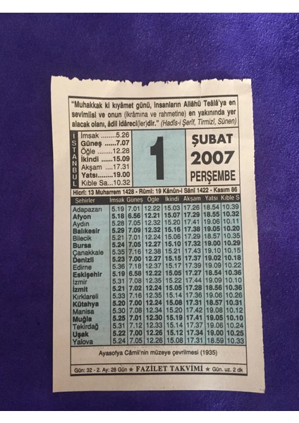 1 Şubat 2007 Takvim Yaprağı - Nostalji Koleksiyonluk Takvim Yaprağı
