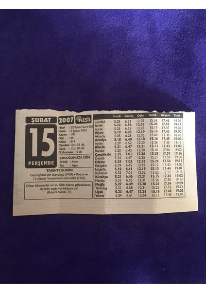 15 Şubat 2007 Takvim Yaprağı - Nostalji Koleksiyonluk Takvim Yaprağı B