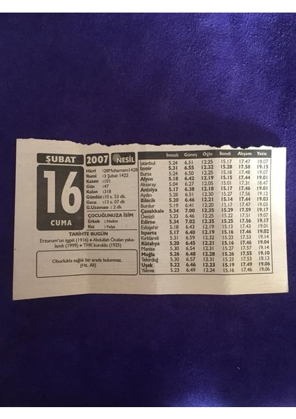 16 Şubat 2007 Takvim Yaprağı - Nostalji Koleksiyonluk Takvim Yaprağı B