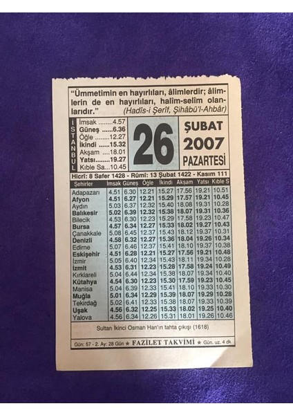 26 Şubat 2007 Takvim Yaprağı - Nostalji Koleksiyonluk Takvim Yaprağı