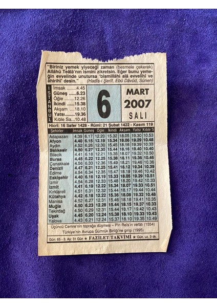 6 Mart 2007 Takvim Yaprağı - Nostalji Koleksiyonluk Takvim Yaprağı