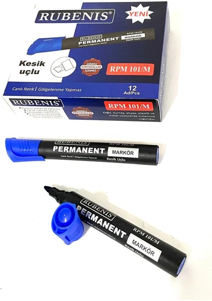 Rubenıs Permanent Koli Kalemi Kesik Uçlu Mavi 12 'li ( 1 Paket )