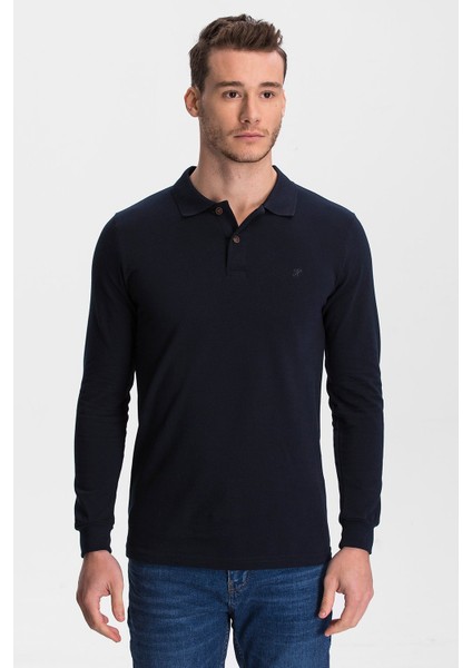 Erkek %100 Pamuk Lacivert Uzun Kollu Polo Yaka Tişört