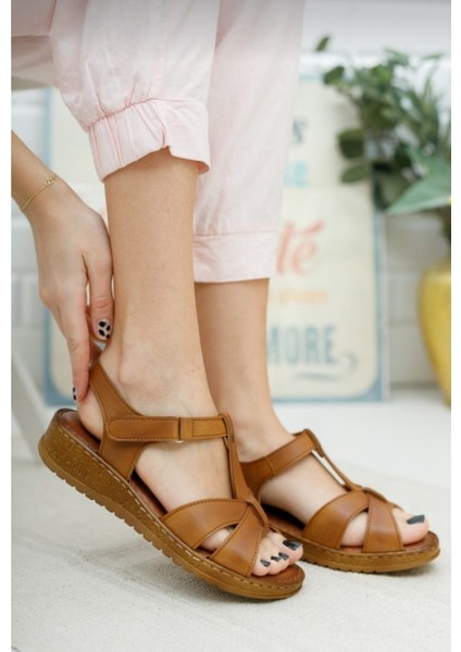 Çapraz Bantlı,bilekten Bantlı Düz Taban Vizon Kadın Sandalet