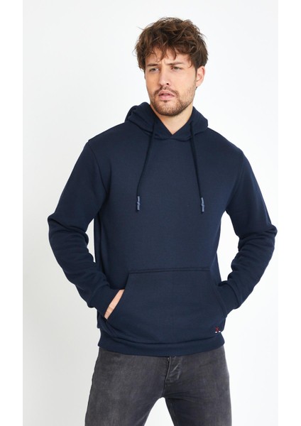 Erkek Kapüşonlu Kanguru Cep 3 Iplik Sweatshirt Lacivert