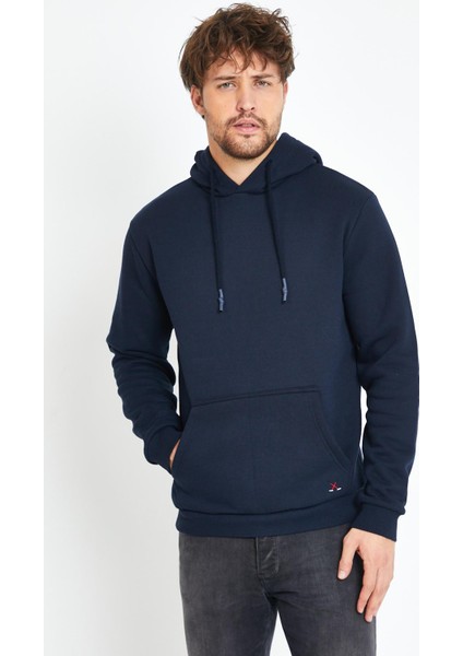 Erkek Kapüşonlu Kanguru Cep 3 Iplik Sweatshirt Lacivert