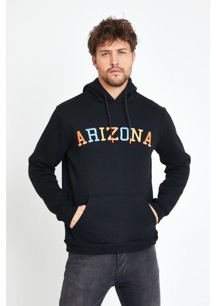 Erkek Arizona Nakışlı Kapüşonlu 3 Iplik Sweatshirt Siyah