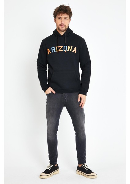 Erkek Arizona Nakışlı Kapüşonlu 3 Iplik Sweatshirt Siyah