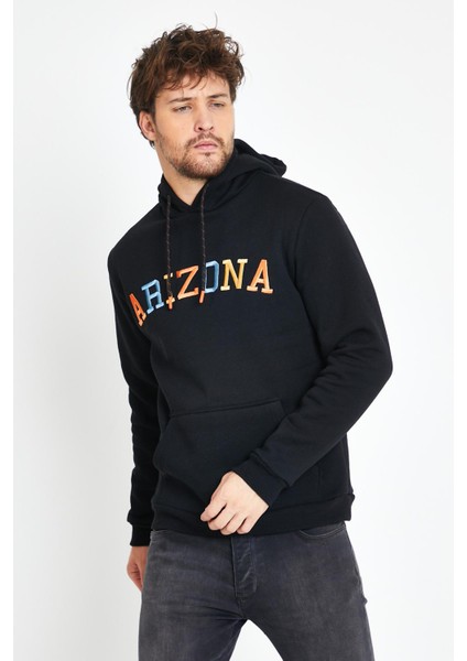 Erkek Arizona Nakışlı Kapüşonlu 3 Iplik Sweatshirt Siyah