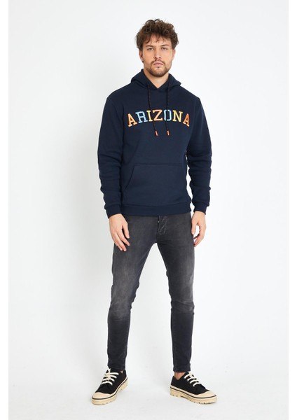 Erkek Arizona Nakışlı Kapüşonlu 3 Iplik Sweatshirt Lacivert