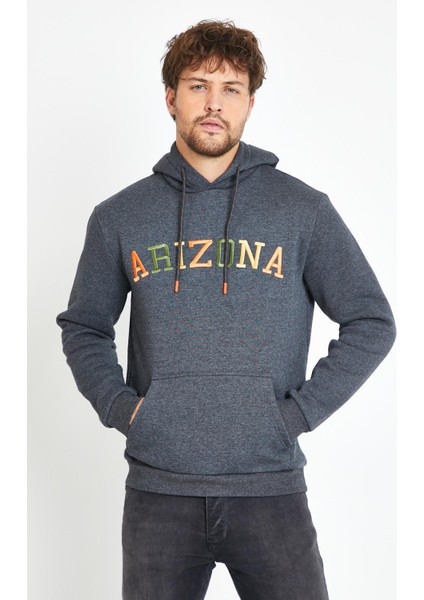 Erkek Arizona Nakışlı Kapüşonlu 3 Iplik Sweatshirt Antrasit