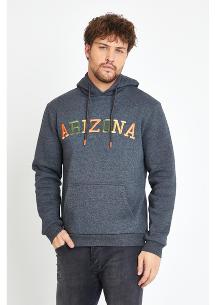 Erkek Arizona Nakışlı Kapüşonlu 3 Iplik Sweatshirt Antrasit