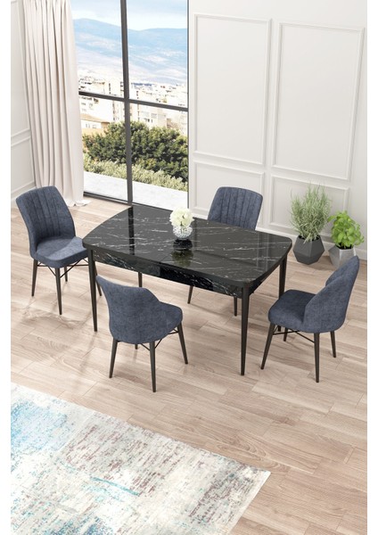 Concept Nef Serisi 70 x 114 Cm, Açılabilir Mdf Mutfak Masa Takımı, Siyah Mermer Desen Masa ve 4 Sandalye